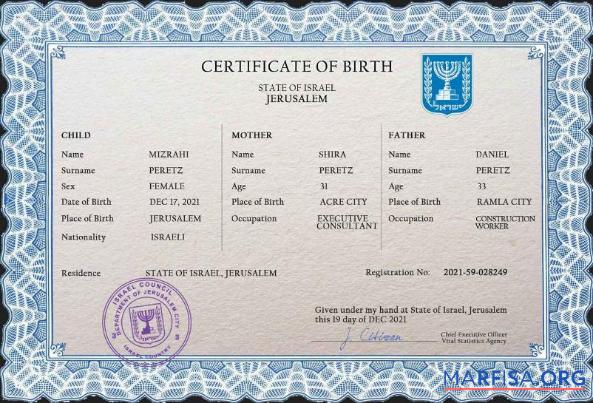 Realistic Israel vital record birth certificate PSD template